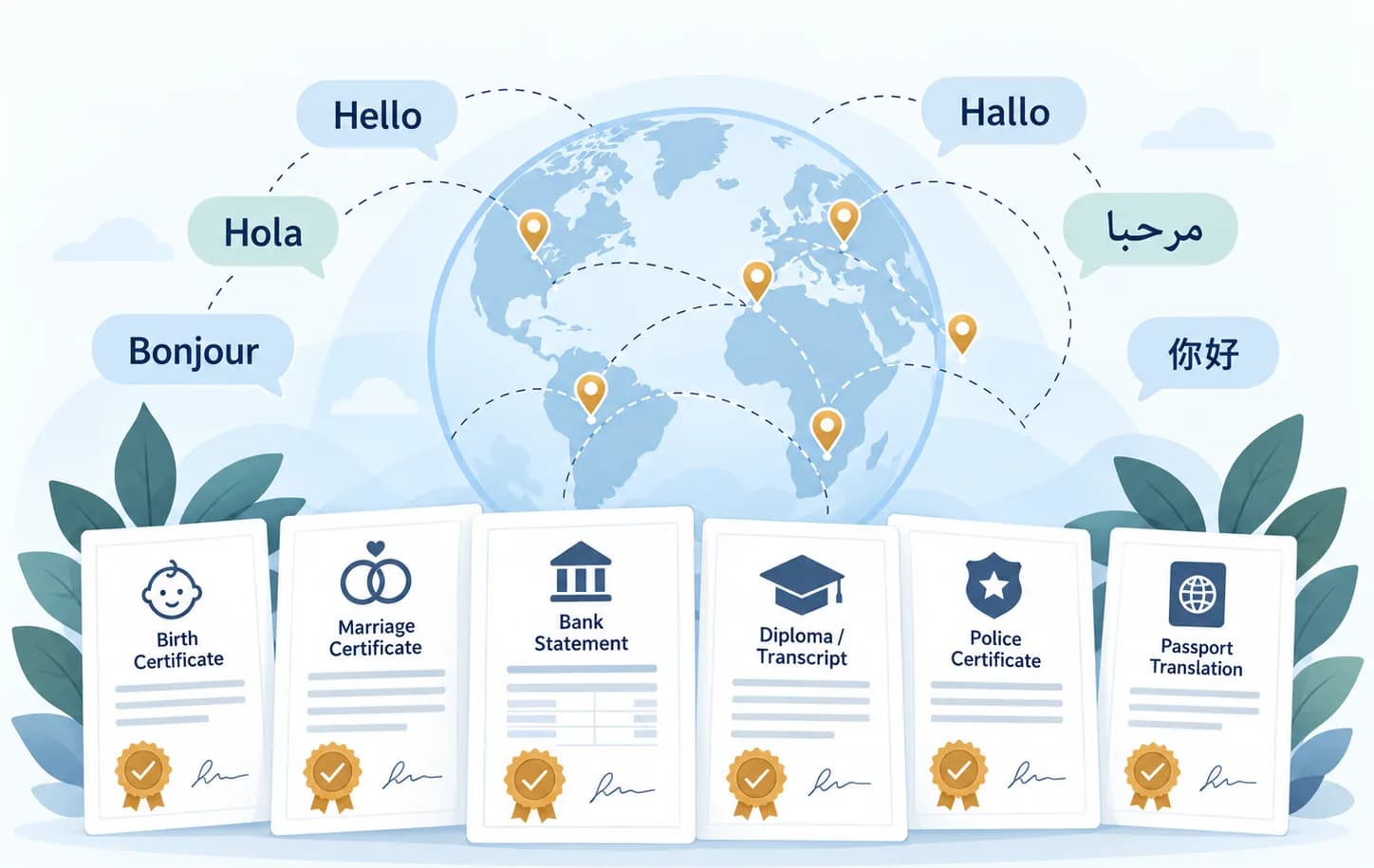 Certified translations of a birth certificate, marriage certificate, bank statement, diploma, police certificate and passport